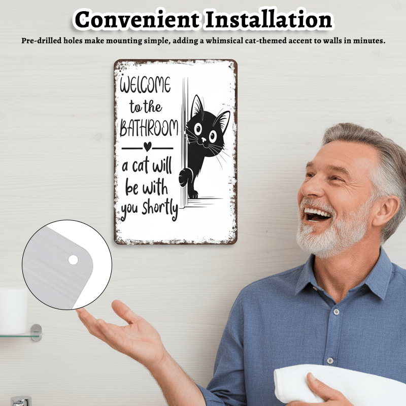 Funny Metal Tin Welcome Cat Sign For Bathroom