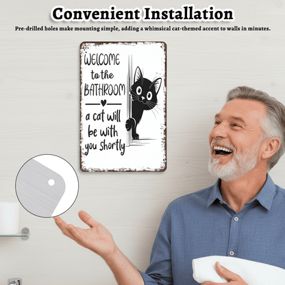 Funny Metal Tin Welcome Cat Sign For Bathroom