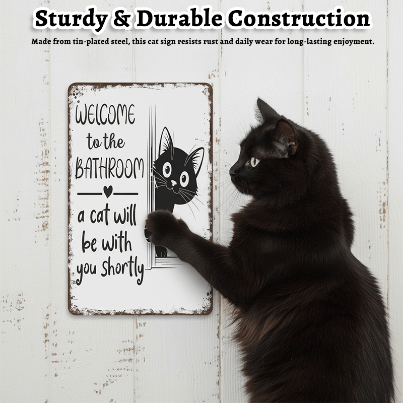 Funny Metal Tin Welcome Cat Sign For Bathroom