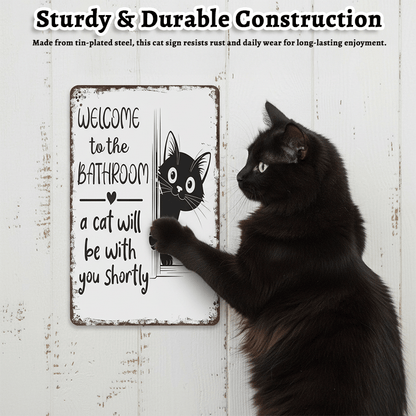 Funny Metal Tin Welcome Cat Sign For Bathroom