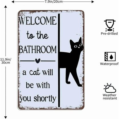 Funny Metal Tin Welcome Cat Sign For Bathroom