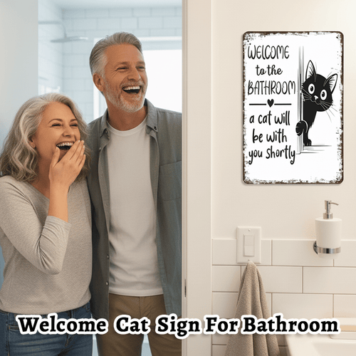 Funny Metal Tin Welcome Cat Sign For Bathroom